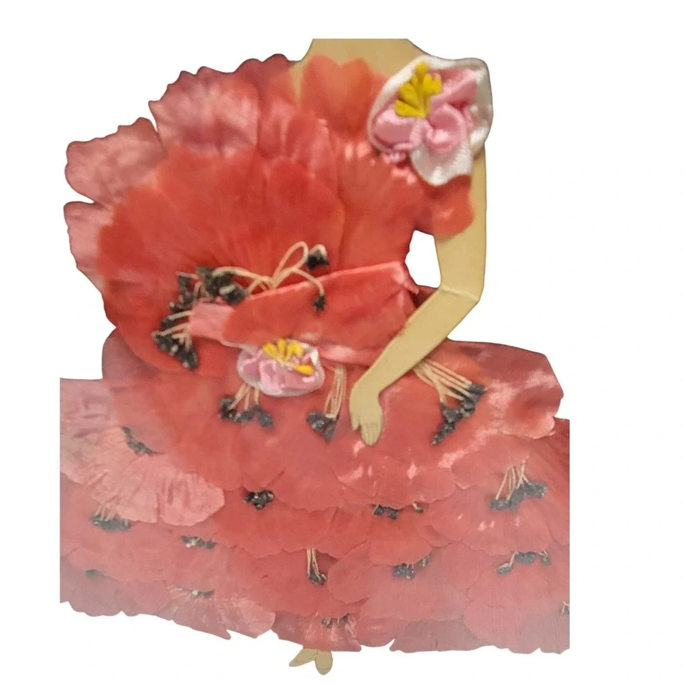 Vintage 3D Art Framed Woman Pink Red Silk Flower Dress Mid Century Decor